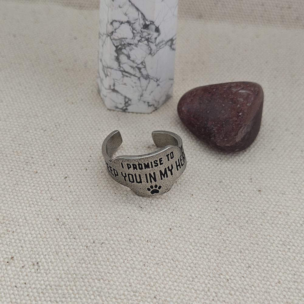 Silver Tone Adjustable Ring with Paw Print and Sentiment